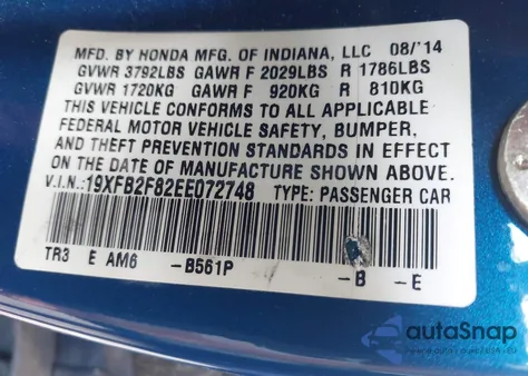 2014 Honda Civic Ex from USA, damaged, VIN 19XFB2F82EE072748